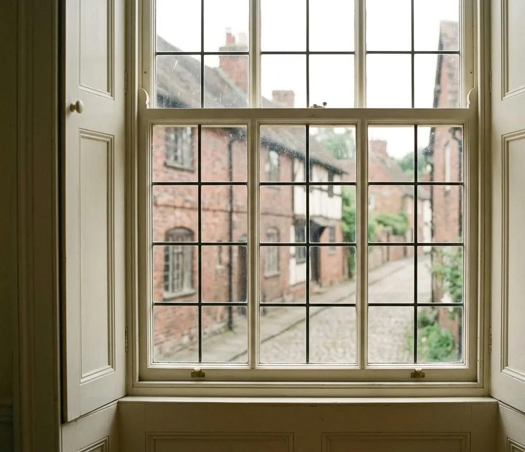 The sash window with shutters folded back over the village street