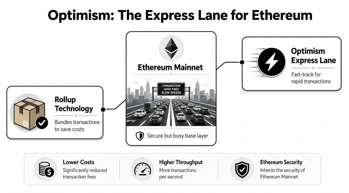A diagram explaining Optimism as an express lane for Ethereum using rollup technology for faster, cheaper transactions.