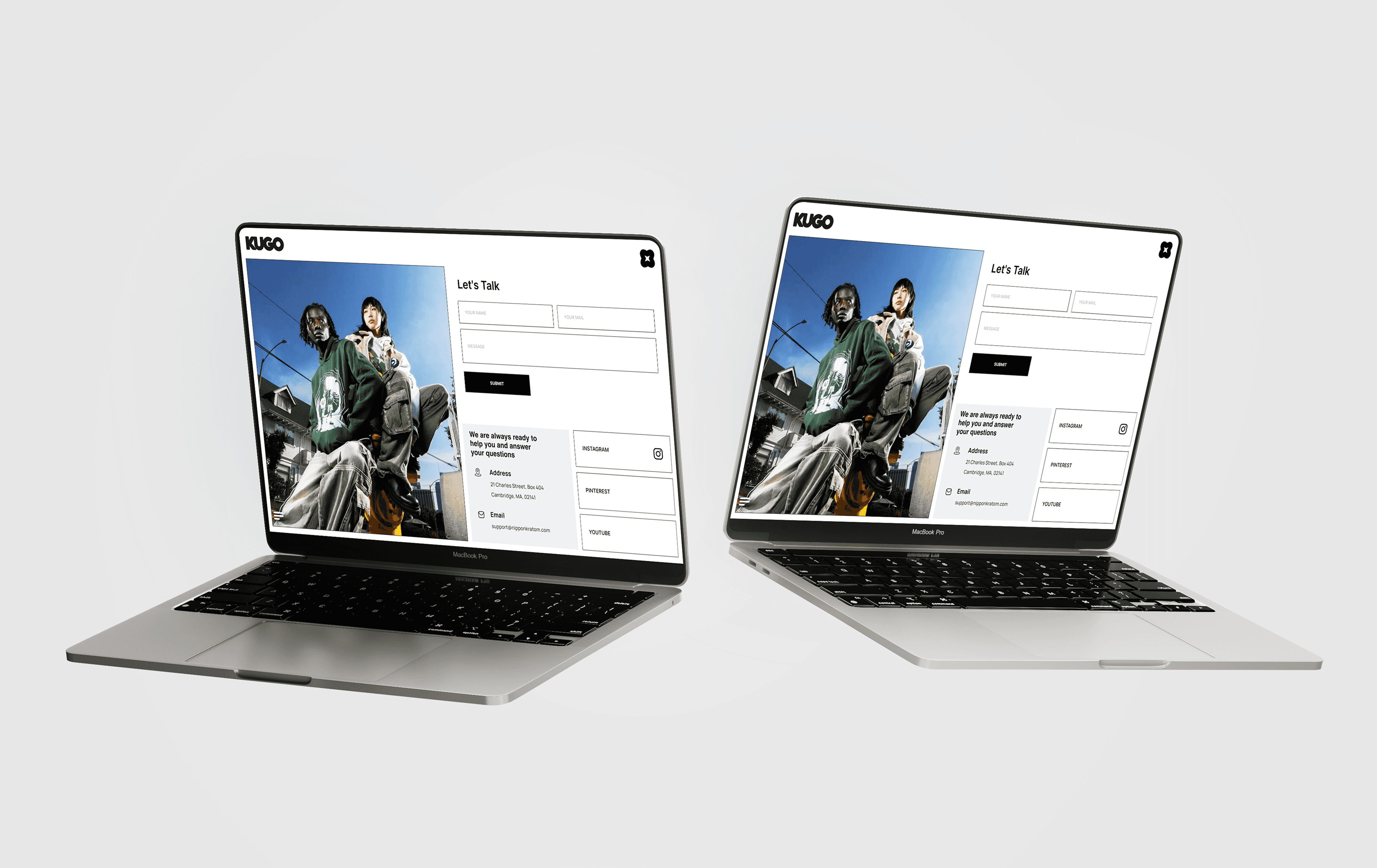"KUGO contact page displayed on two MacBook Pro laptops, showcasing a modern streetwear brand with a contact form, social media links, and customer support details. Urban fashion aesthetic with diverse models."
