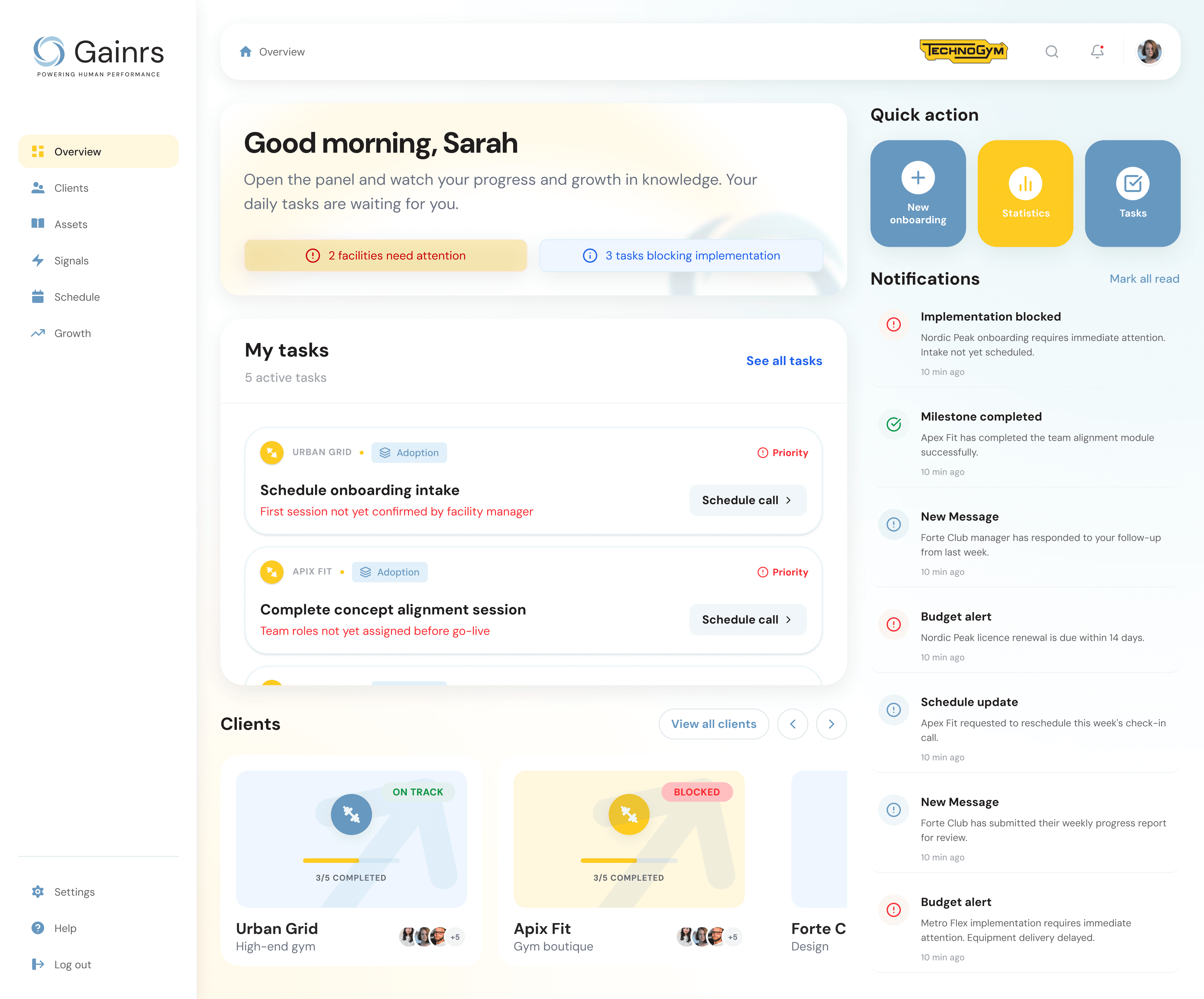 Business dashboard showing revenue, deals, customer list, growth chart, and new activity. 