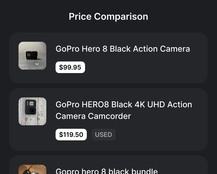 App interface showing price comparisons listings with photos and sale prices