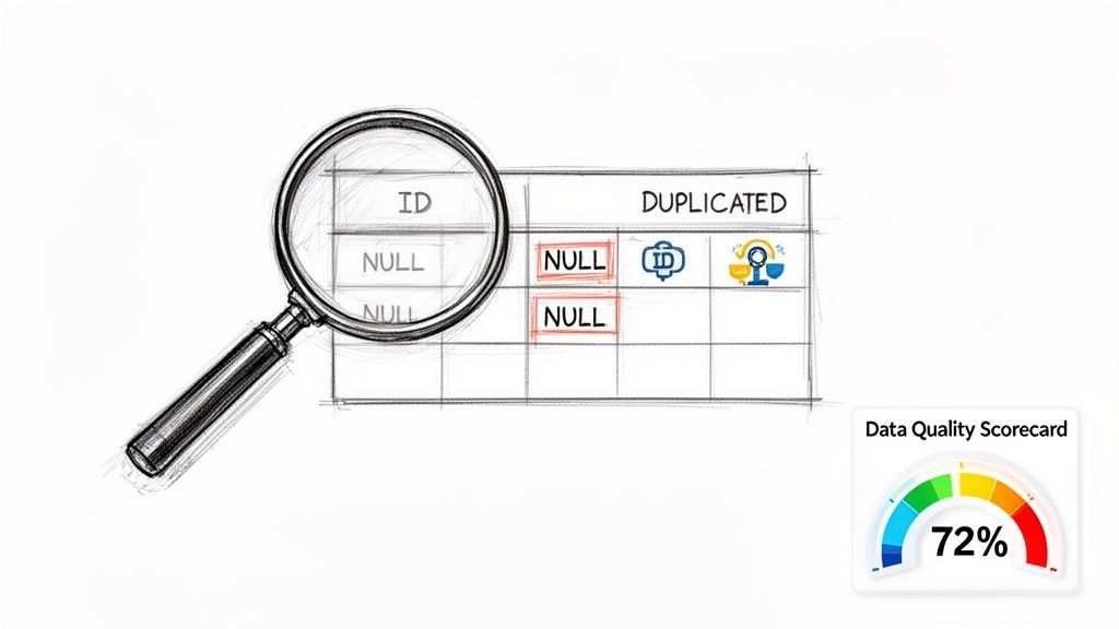 An illustration of a data quality check, highlighting null and duplicated data with a 72% quality score.