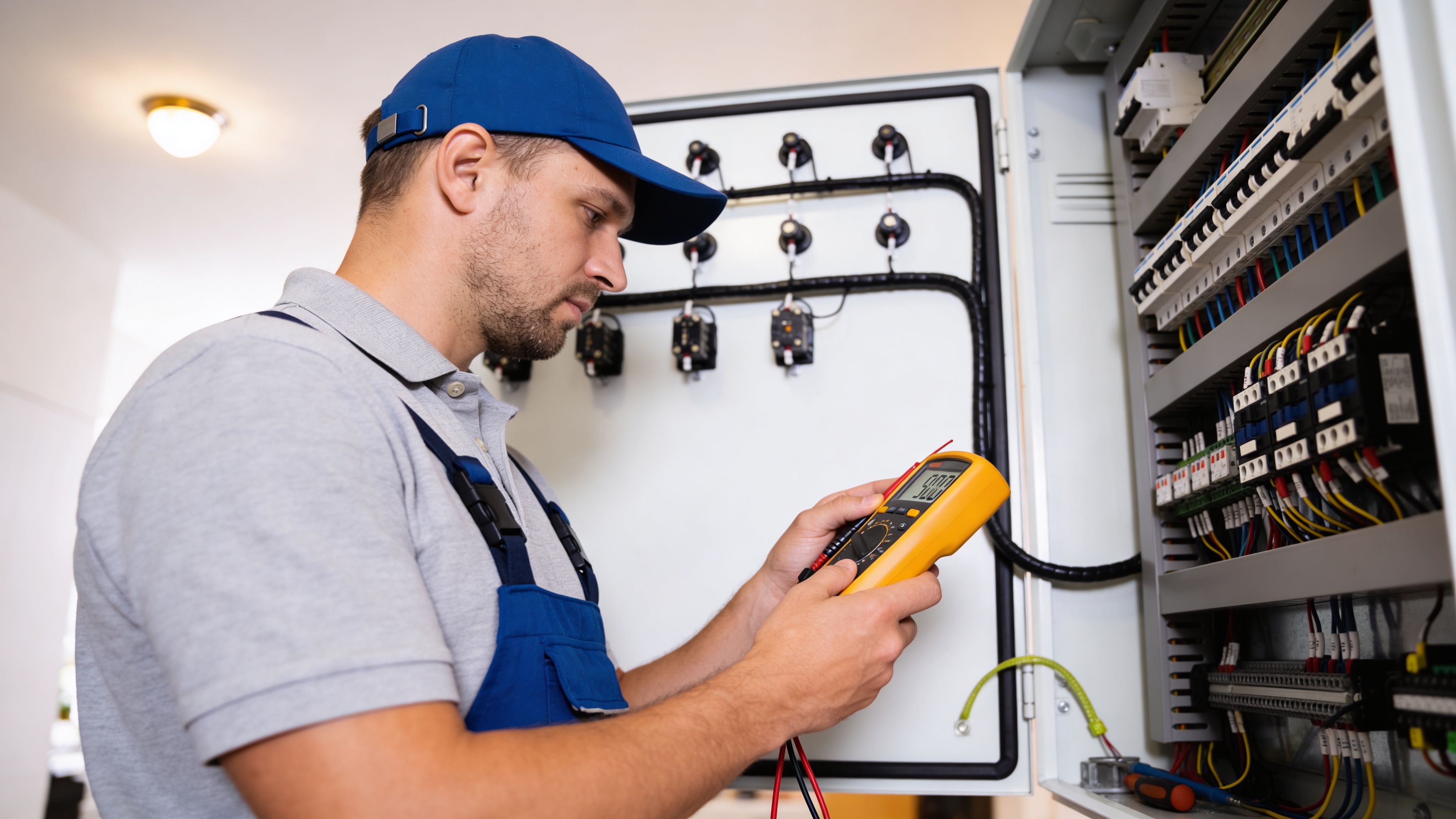 Electrician using digital multimeter to test electrical control panel during safety inspection