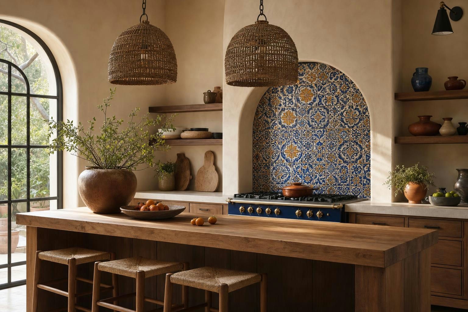 Mediterranean-style kitchen with sage green cabinetry, large stone island, wicker barstools, artisan pottery, and hand-painted floral tile backsplash in a bright luxury interior.