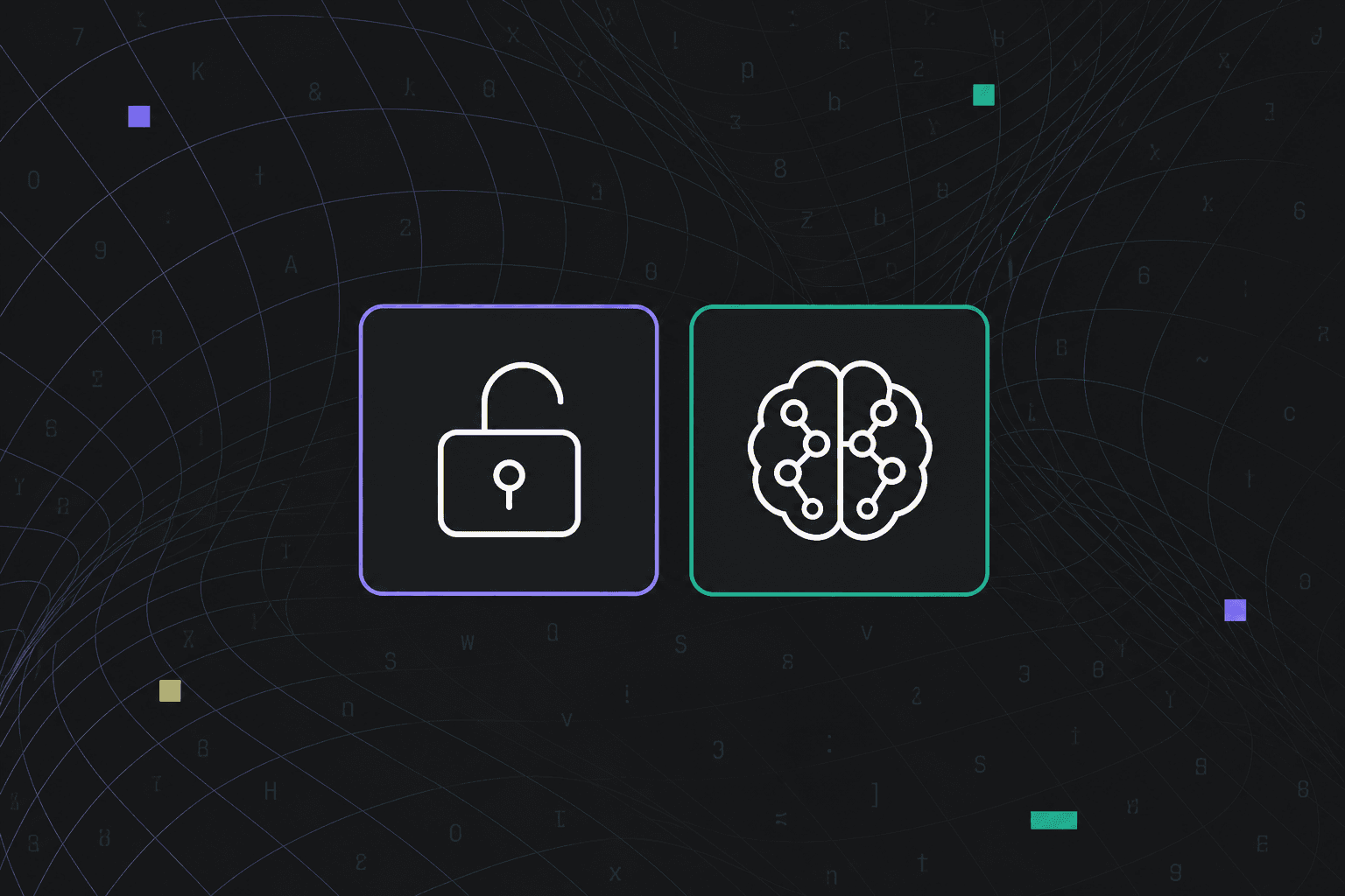 Illustrated graphic using dark colors with a line art lock and line art brain representing an LLM.