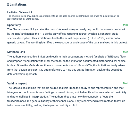 thesify feedback on limitations showing specificity methods link and validity impact scores