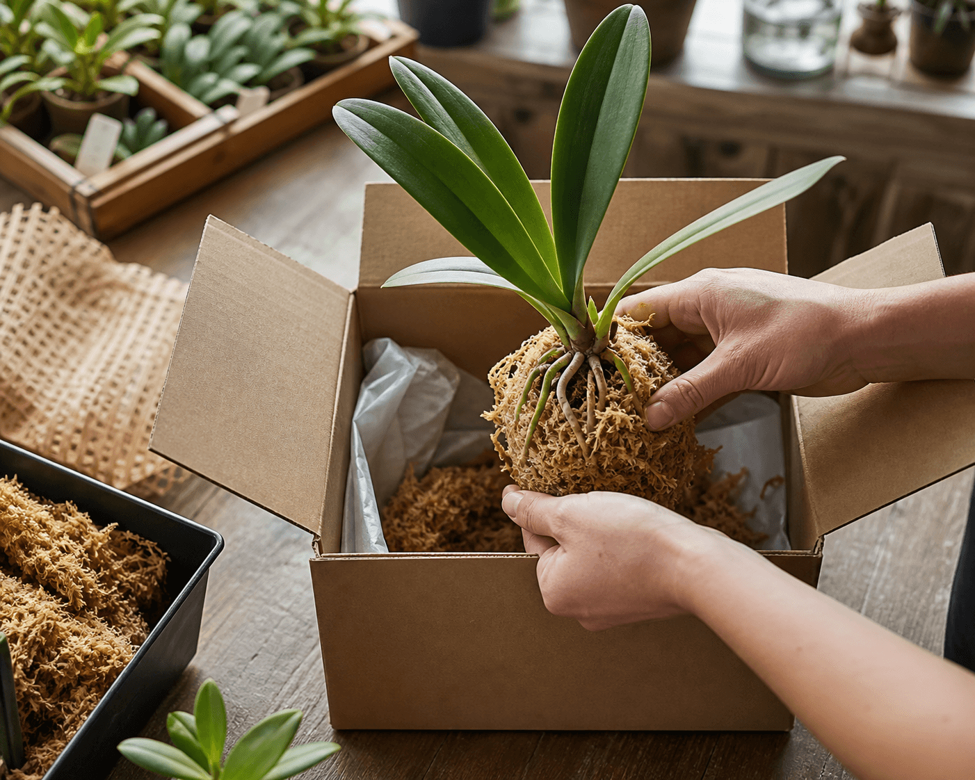 Hands packing a bare-root orchid wrapped in sphagnum moss into a shipping box, with trays of moss and seedlings on the table
