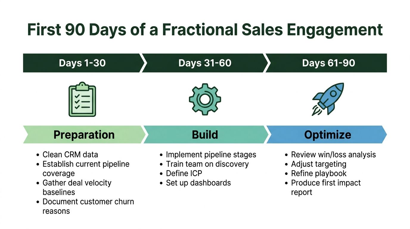 A timeline graphic showing the first 90 days of a fractional sales engagement, broken into three phases.