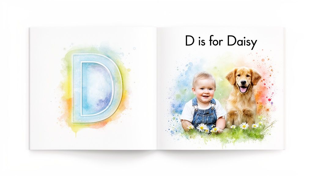 An open personalized alphabet book showing the letter D. The right page says