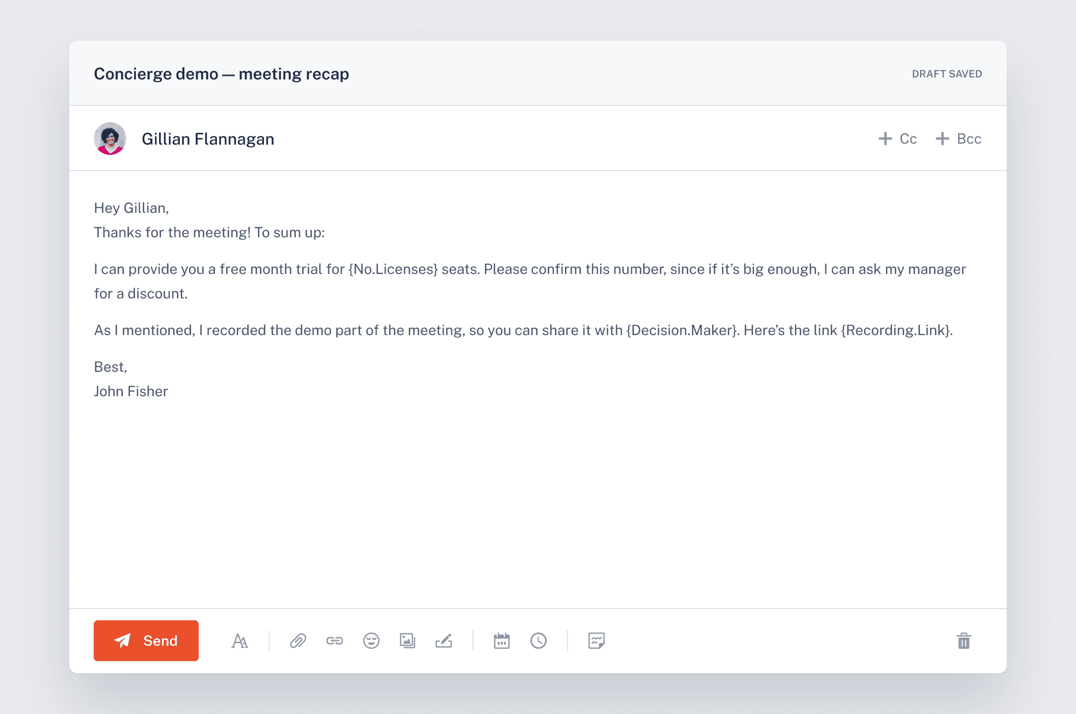 An email composer with a summary of the meeting generated from the meeting notes.