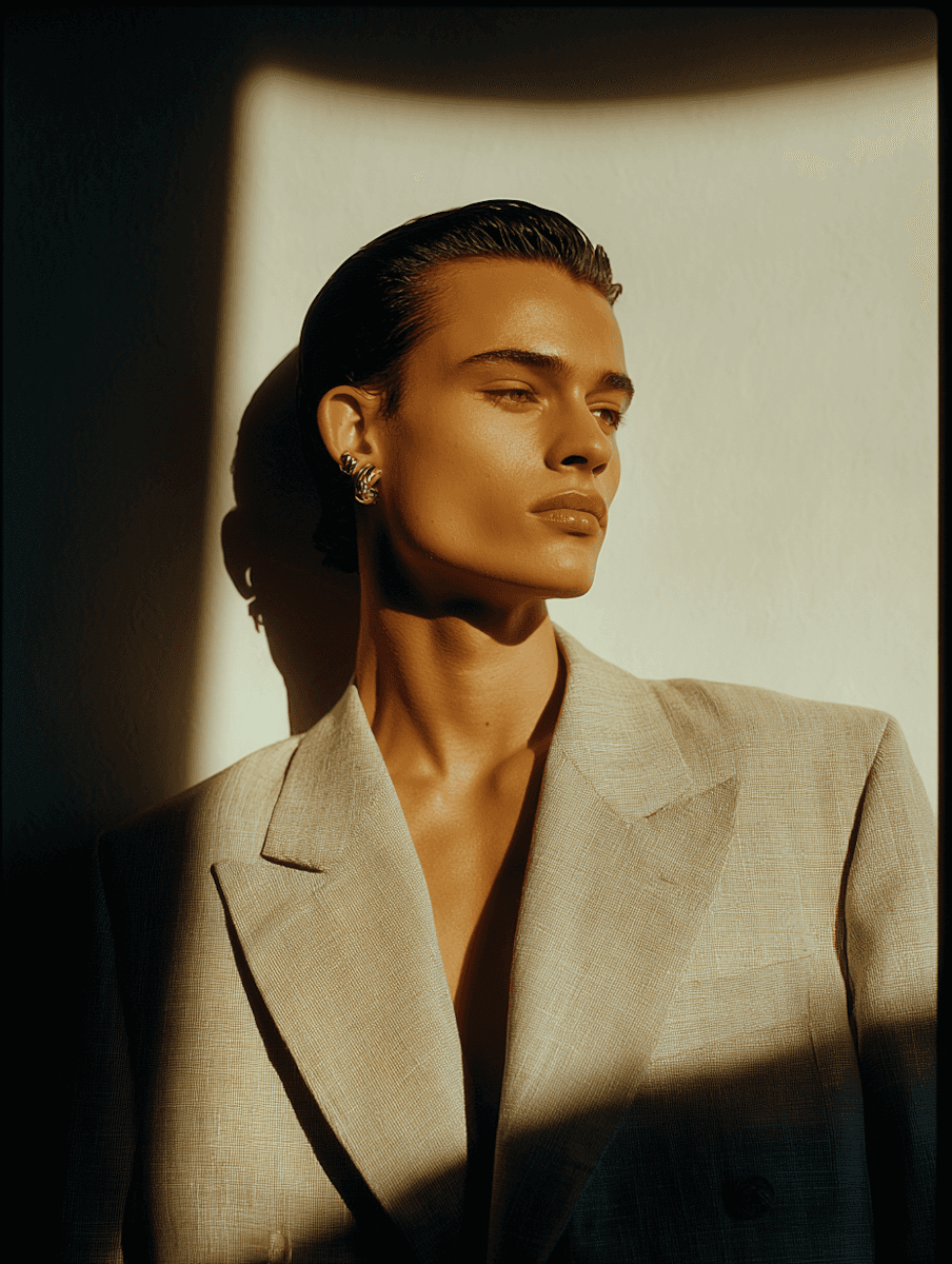 A man wearing gold earrings and a blazer in dramatic lighting.