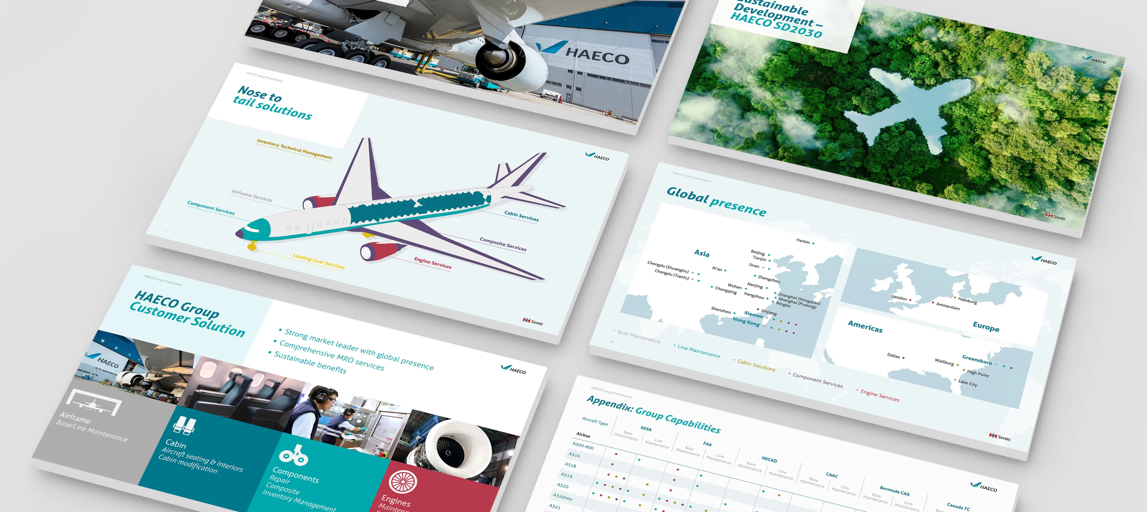 HAECO company profile visual design – deep blue palette and informative infographics with aircraft motifs by Teatime Studio.