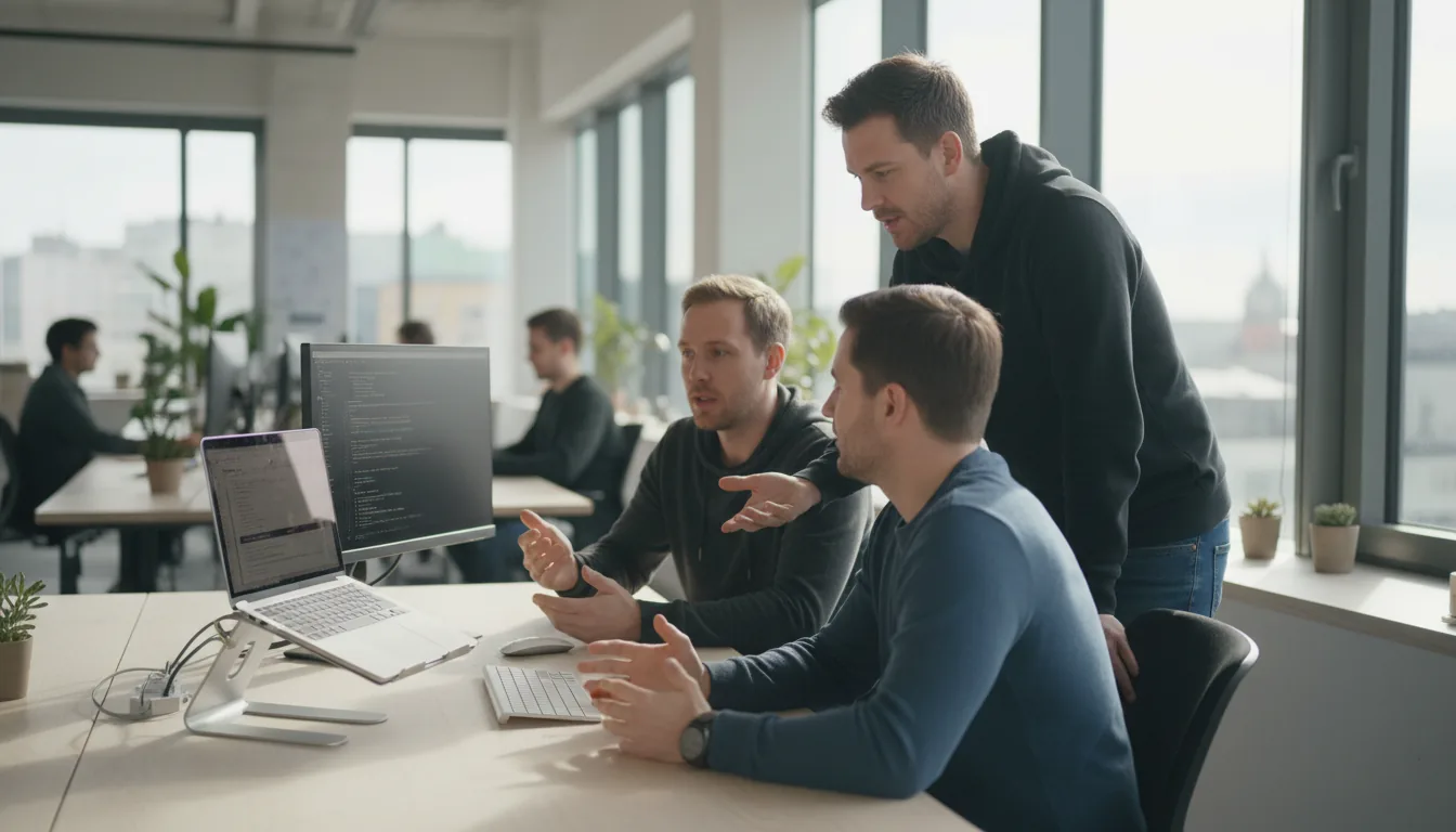 DSLR photograph of three male software developers collaborating around a light-colored wooden desk in a modern, bustling open-plan tech office. The scene is shot from an eye-level perspective, focusing on the group's conversation. On the desk, a silver laptop on an angled stand displays lines of code next to an external monitor, keyboard, and mouse. The lighting is bright natural daylight, creating a clean and airy atmosphere with soft shadows. The background is a busy office with other people, desks, and large windows, all softly blurred due to a shallow depth of field.