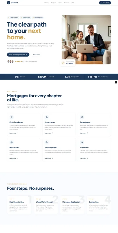 Mortgage broker website prompt — deep navy and white independent mortgage broker financial advisor website design preview