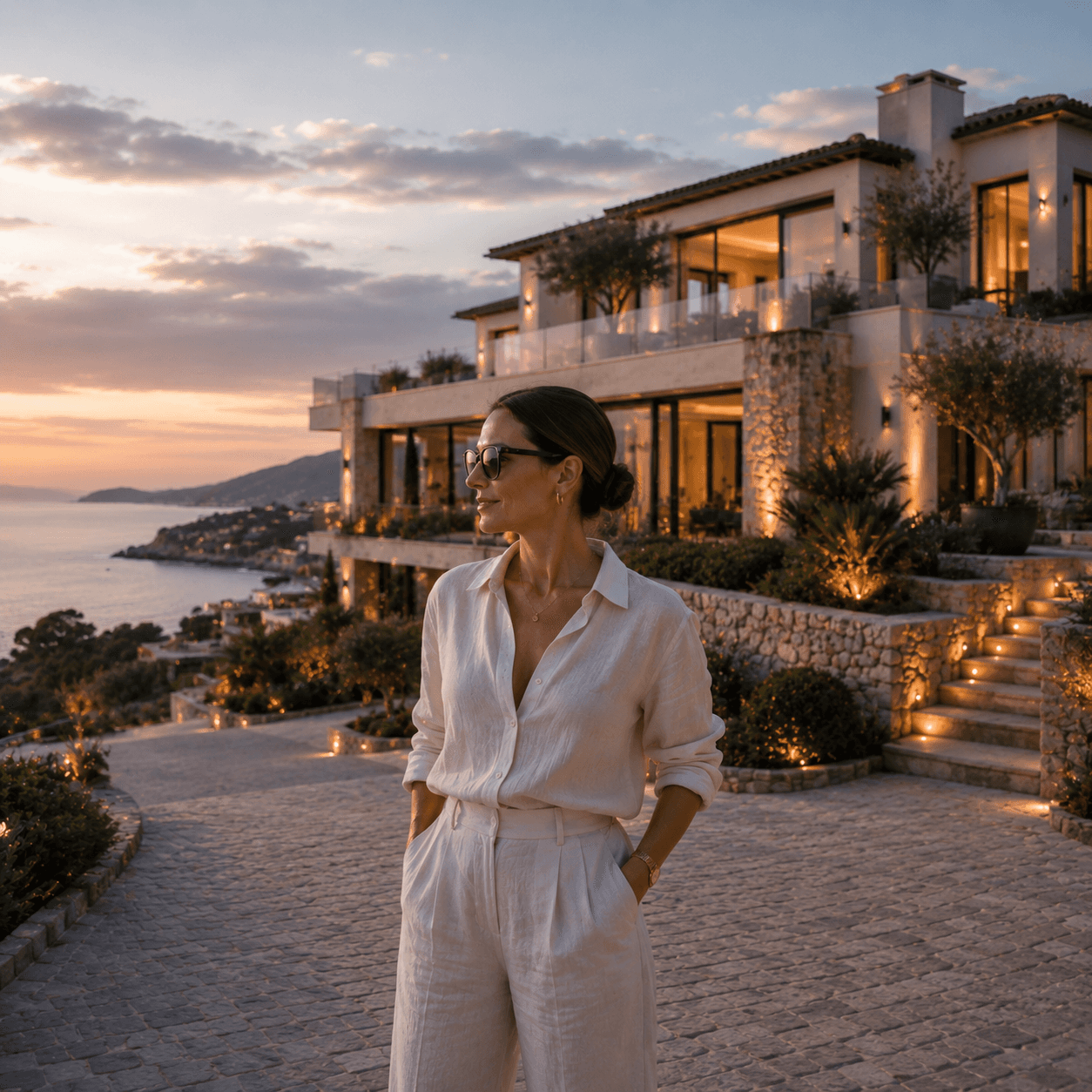 The host standing on the drive in front of the illuminated villa at dusk