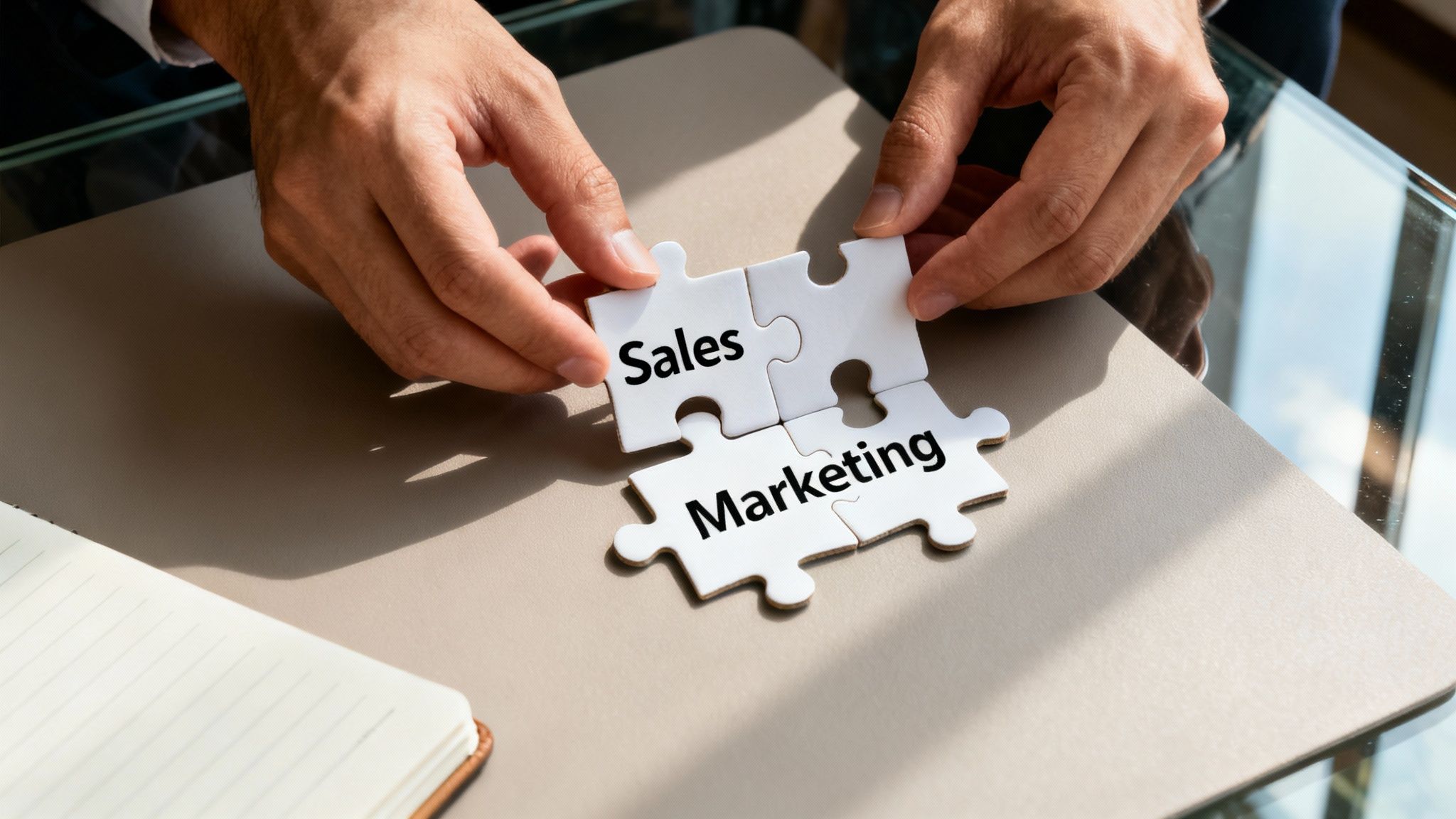 Hands assembling puzzle pieces labeled 'Sales' and 'Marketing' on a desk, symbolizing business integration.