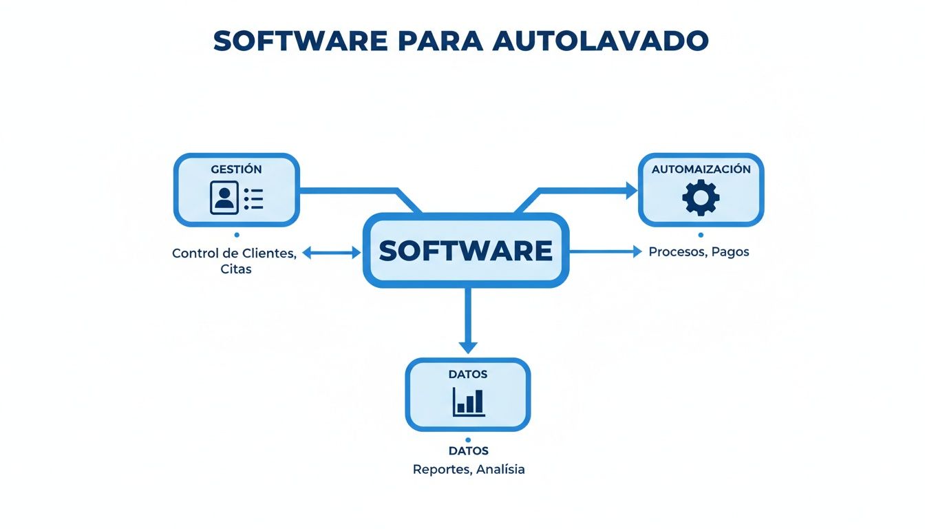 Diagrama de un software para autolavado que muestra gestión de clientes, automatización de procesos y análisis de datos.