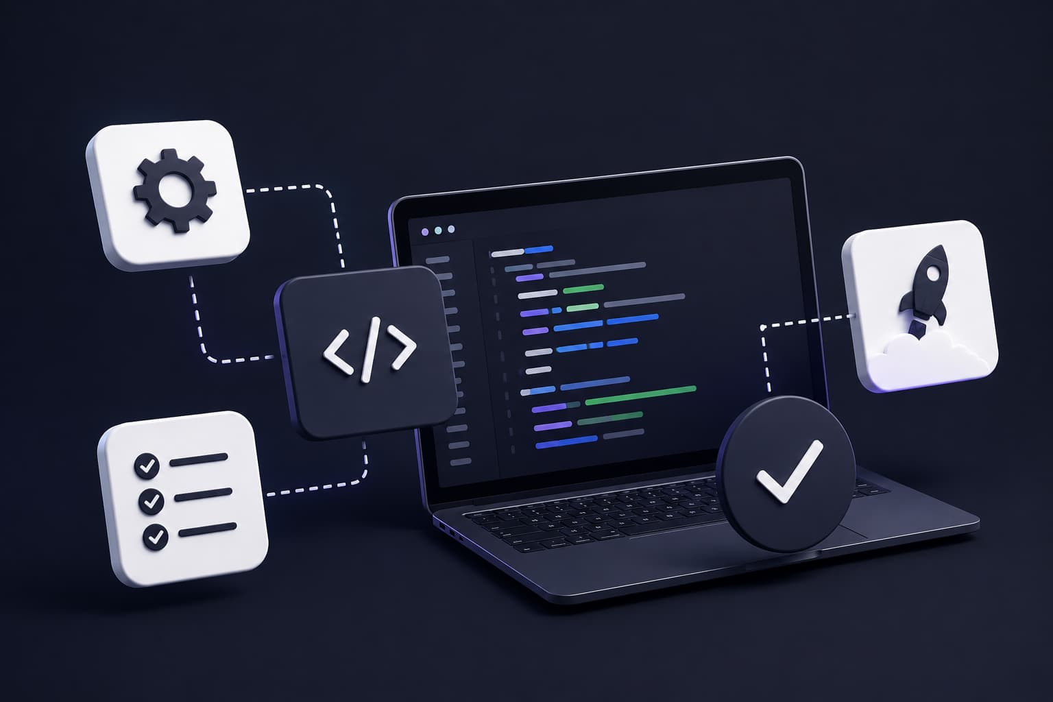 Grafische Darstellung zur technischen Umsetzung von Websites mit Code, Einstellungen und digitalen Tools. Das Bild zeigt Framer Website, WordPress Website, Performance Optimierung, Ladezeit Optimierung, Tracking Setup und DSGVO Grundlagen.