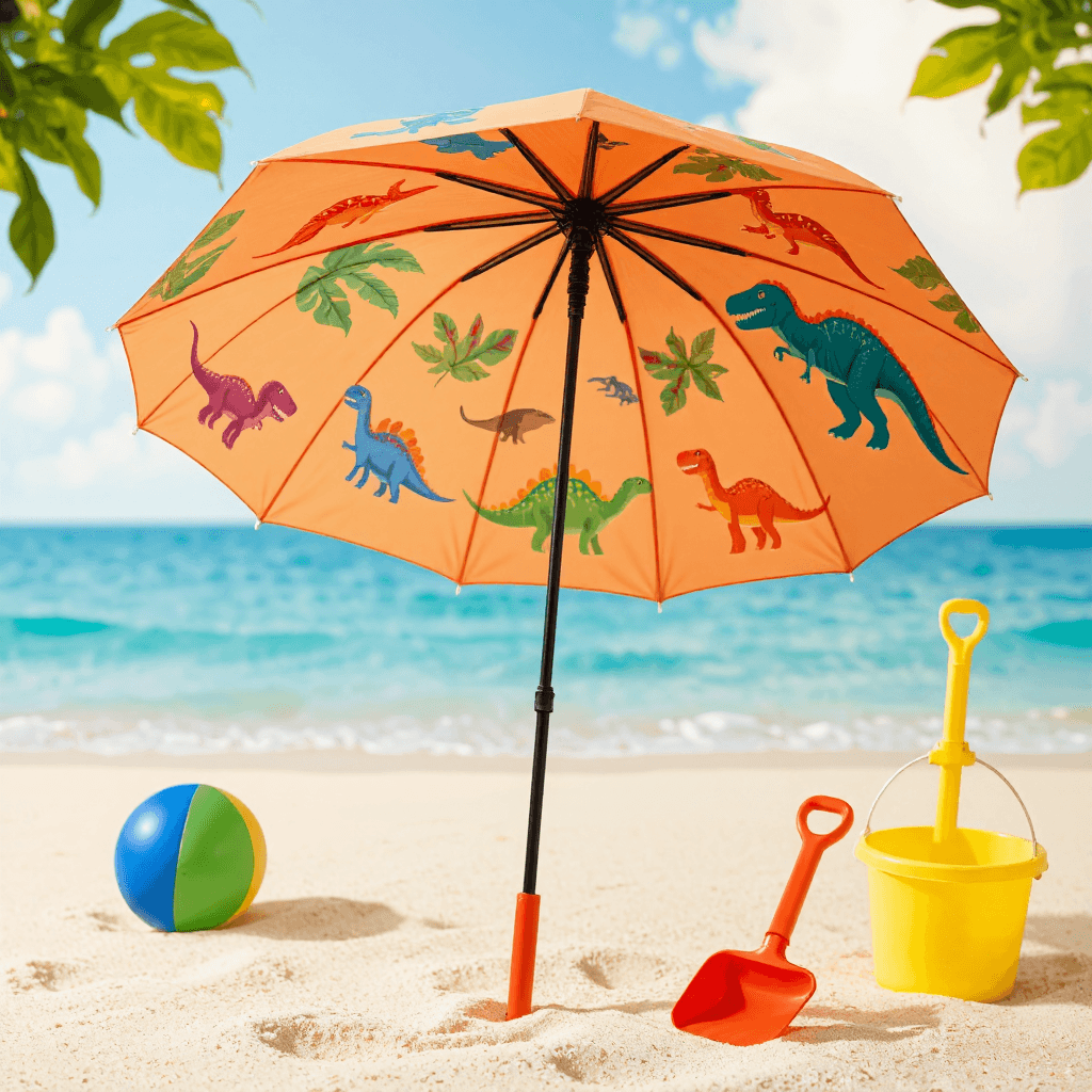 product photography of a children's beach umbrella with playful dinosaur designs