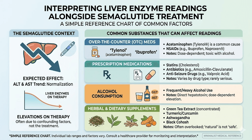 Medications and substances that affect liver enzymes during semaglutide treatment