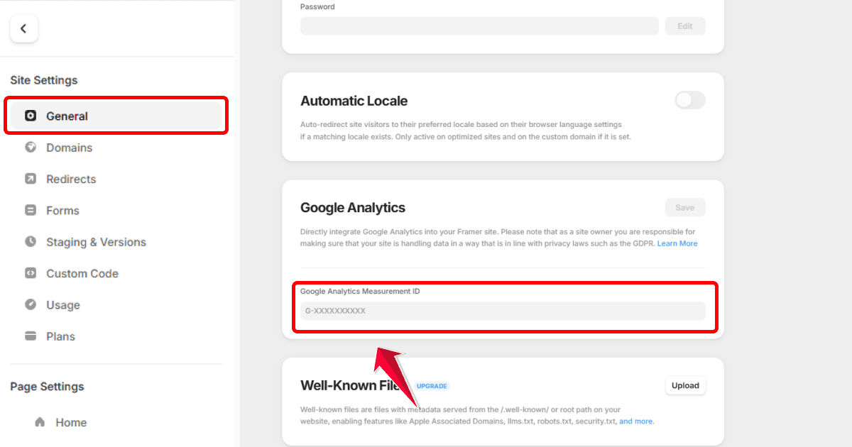 Ajout de l’identifiant Google Analytics dans les réglages généraux d’un site Framer