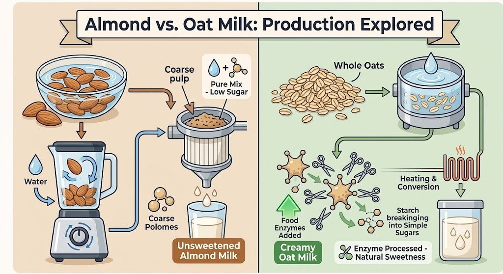 An educational infographic comparing the production of almond milk versus oat milk. The left panel details soaking, blending, and filtering whole almonds into unsweetened milk. The right panel illustrates the enzyme treatment process for oats, showing starch breaking down into simple sugars to create creamy oat milk.