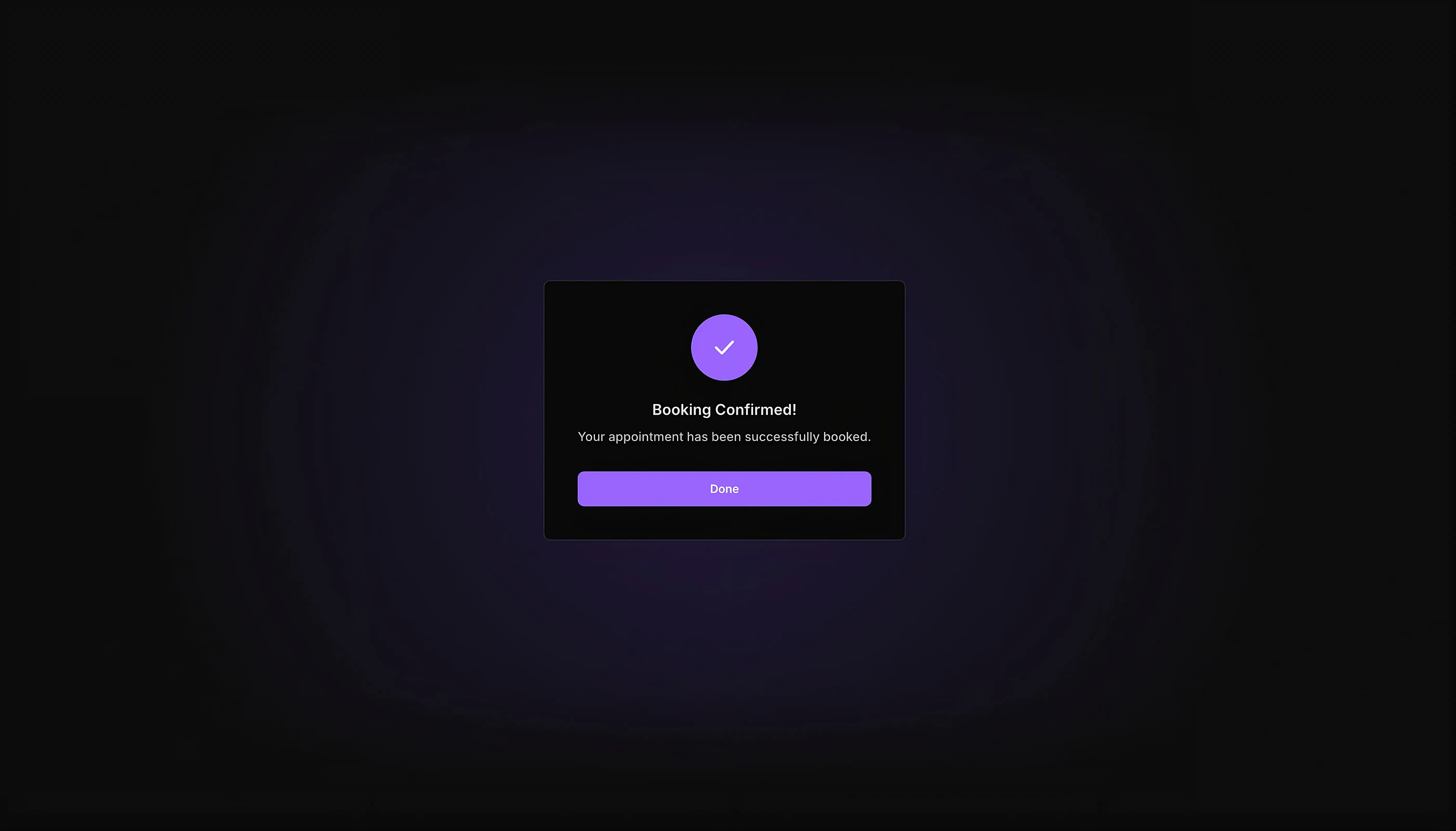 a dark themed appointment confirmation dialogue box