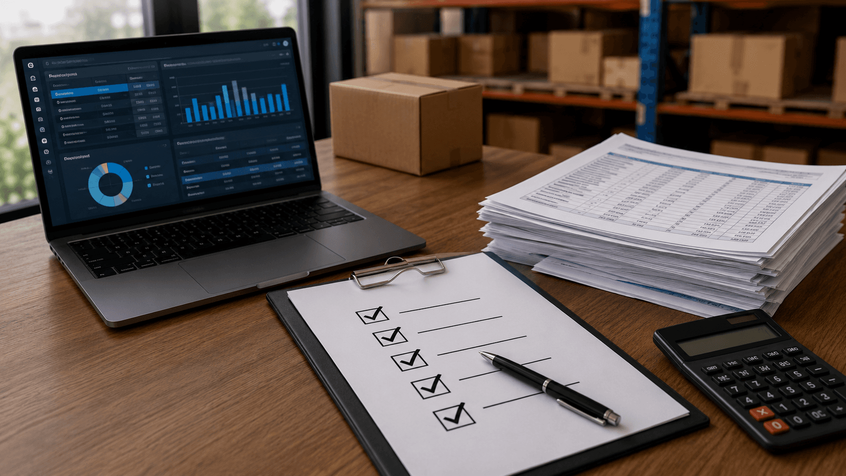 Mesa de escritório moderna em ambiente de distribuidora, com notebook exibindo dashboards e tabelas, prancheta com checklist marcado, pilhas de documentos organizados, calculadora e caixas de estoque ao fundo. Cena em estilo realista 3D, iluminação natural suave, transmitindo organização operacional, preparação de cadastro, tabela de preços e integração com ERP antes da abertura de um canal B2B online.