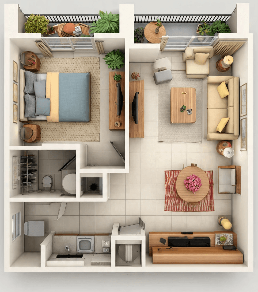 Top view of a one-bedroom apartment layout. It includes a cozy bedroom, a living room with a beige sofa, a compact kitchen, and a small balcony with plants. The design is modern and organized.