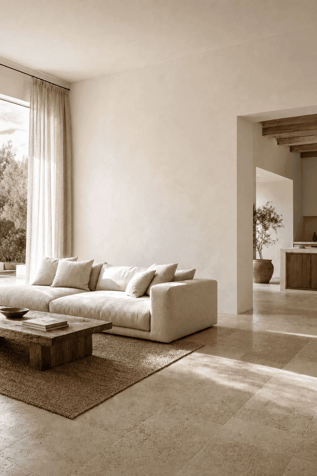 Serene Mediterranean living room with natural stone floors, linen sofa, timber beams and soft neutral interior design by topos design studio in Cyprus