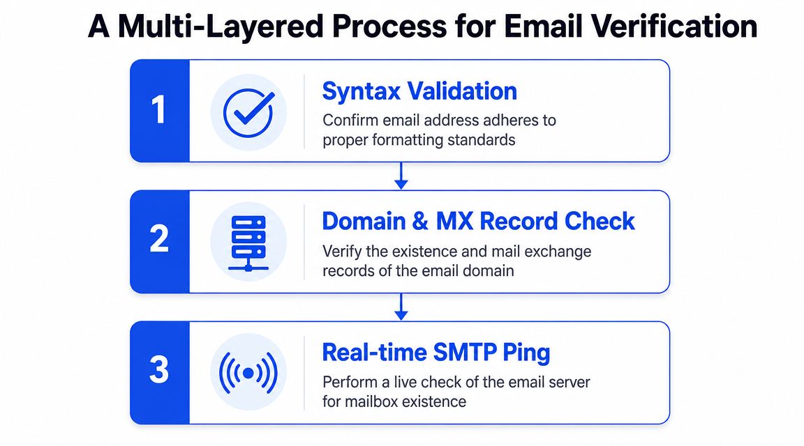 A diagram outlining the three-step email verification process including syntax validation, domain checks, and SMTP ping.