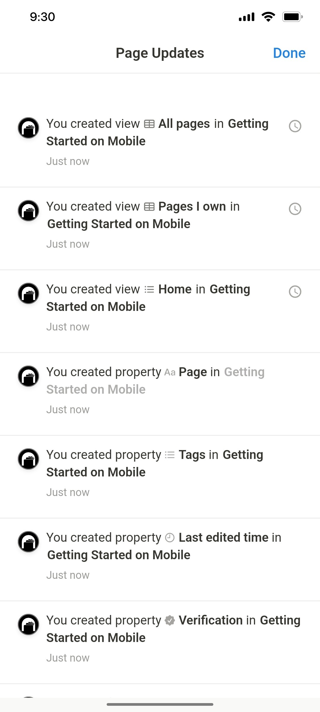 Notion App Page updates Screen