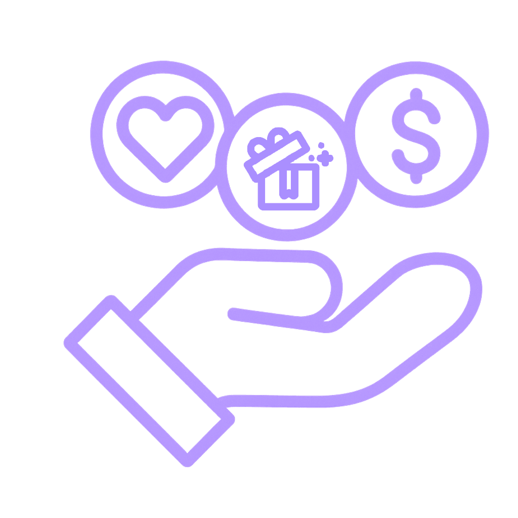A stylized hand holding three icons representing options, choices, or services in a purple hue.