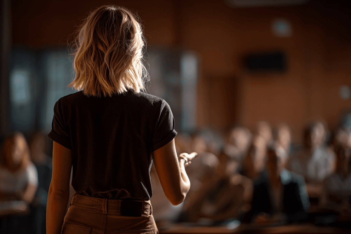 A speaker stands in front of an audience in a dimly lit room, engaging with the crowd.