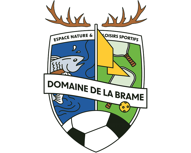 Blason du domaine de la brame représentant ces trois principales activités de loisirs sportifs en nature, la pêche, le footgolf et le pickelball