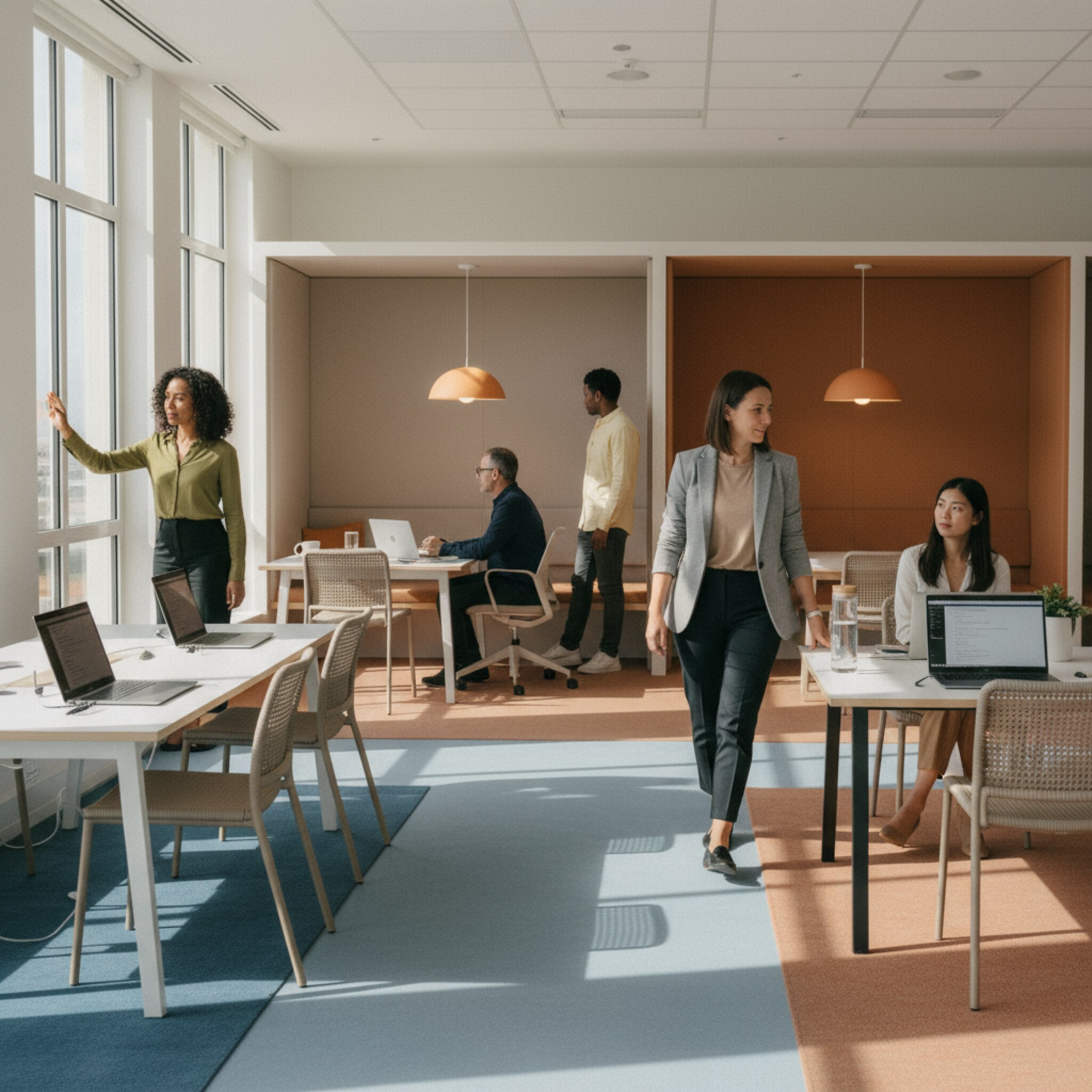Ein großzügiger Arbeitsplatzbereich mit klaren Sichtachsen und gut sichtbarer Raumstruktur. Mitarbeitende orientieren sich mühelos an farblich dezenten Zonierungen. Ein Gast findet schnell einen freien Platz, legt eine Wasserflasche ab und setzt sich. Die Szene steht für intuitive Orientierung und schnelle Entscheidungen.