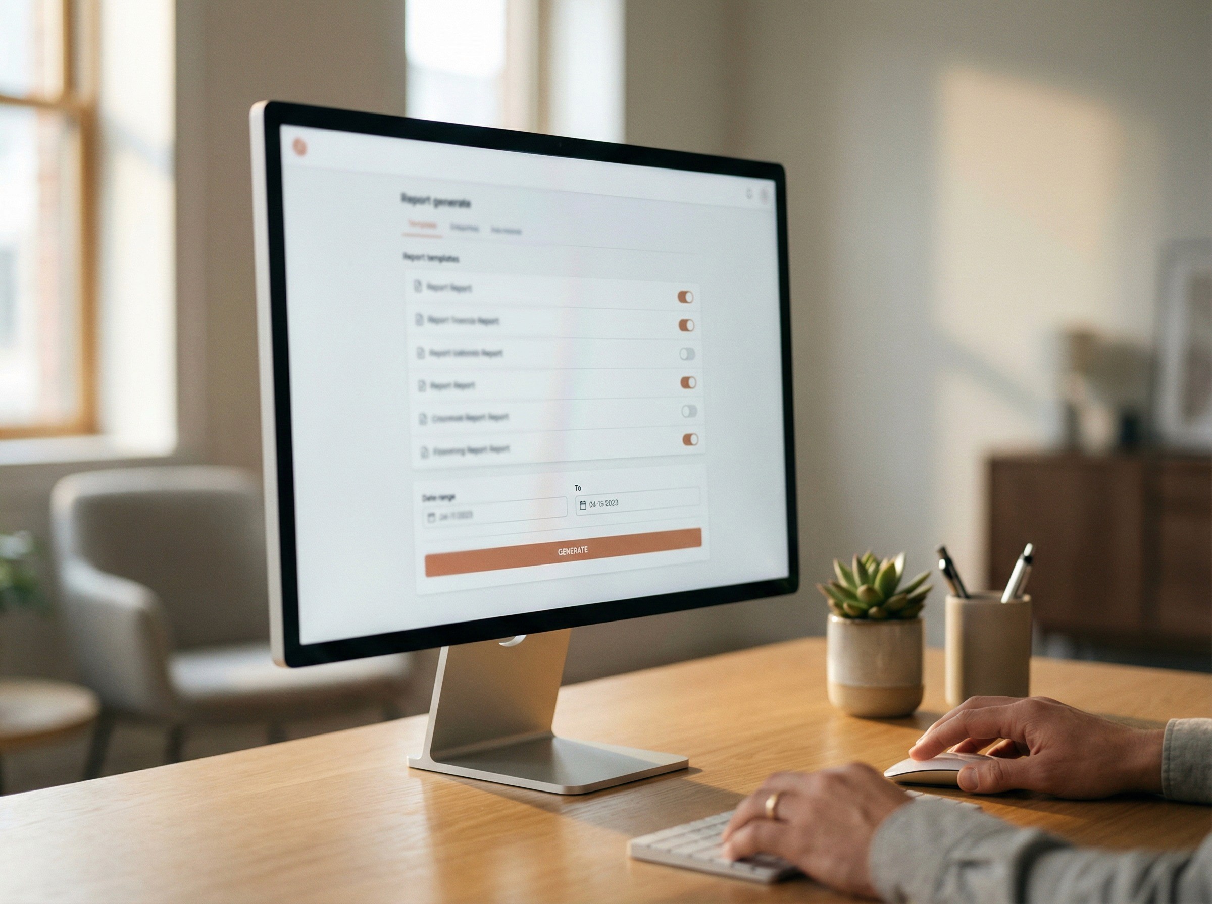A tight, clean shot of a single monitor on a tidy desk, with a person's hand visible at the edge of frame — one finger on the mouse, mid-click. The monitor shows a report generation interface: a list of report templates or sections with toggle switches, a date range selector, and a prominent generate button at the bottom — visible in structure and colour but not legible.