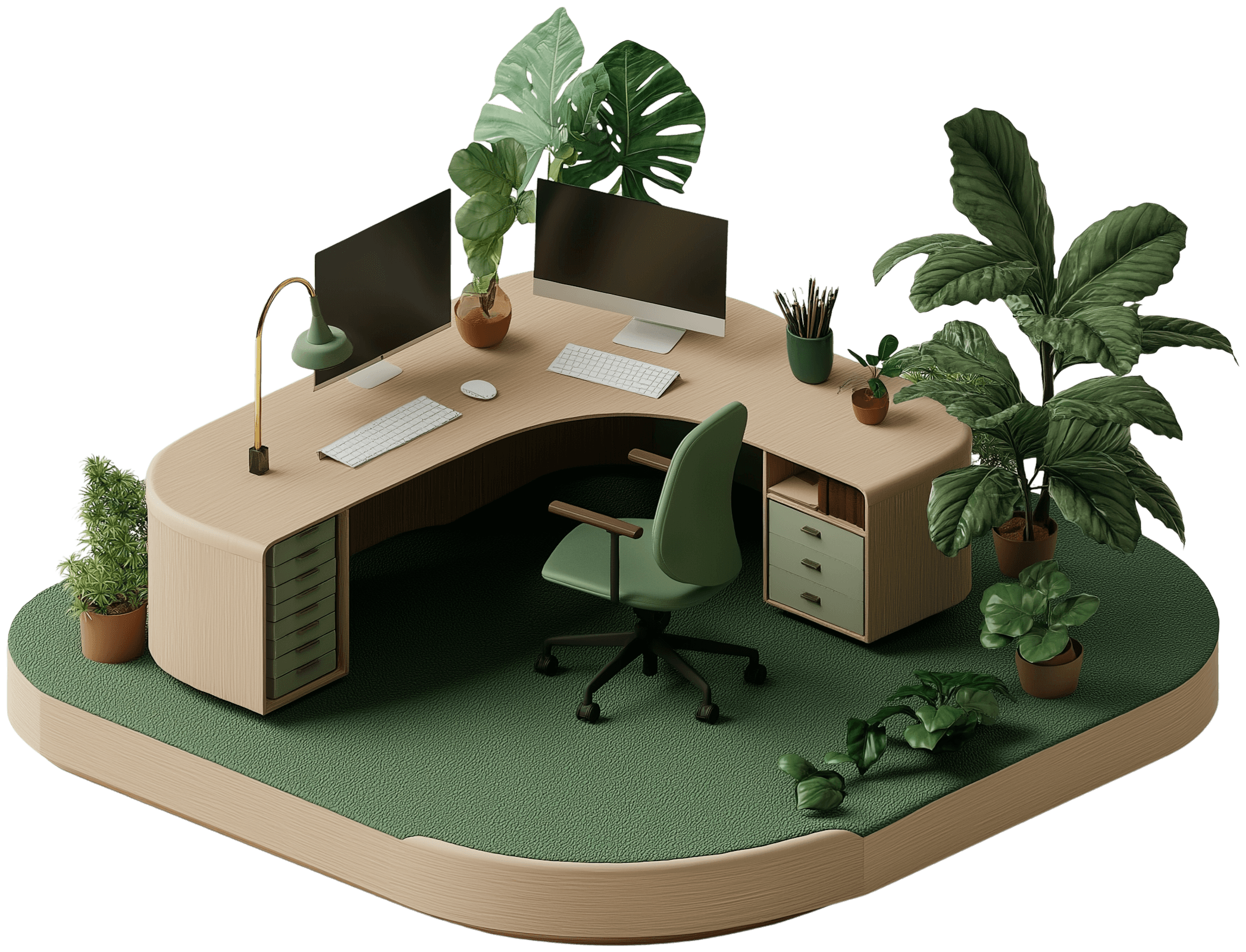 Green office workspace with desk, computers and plants