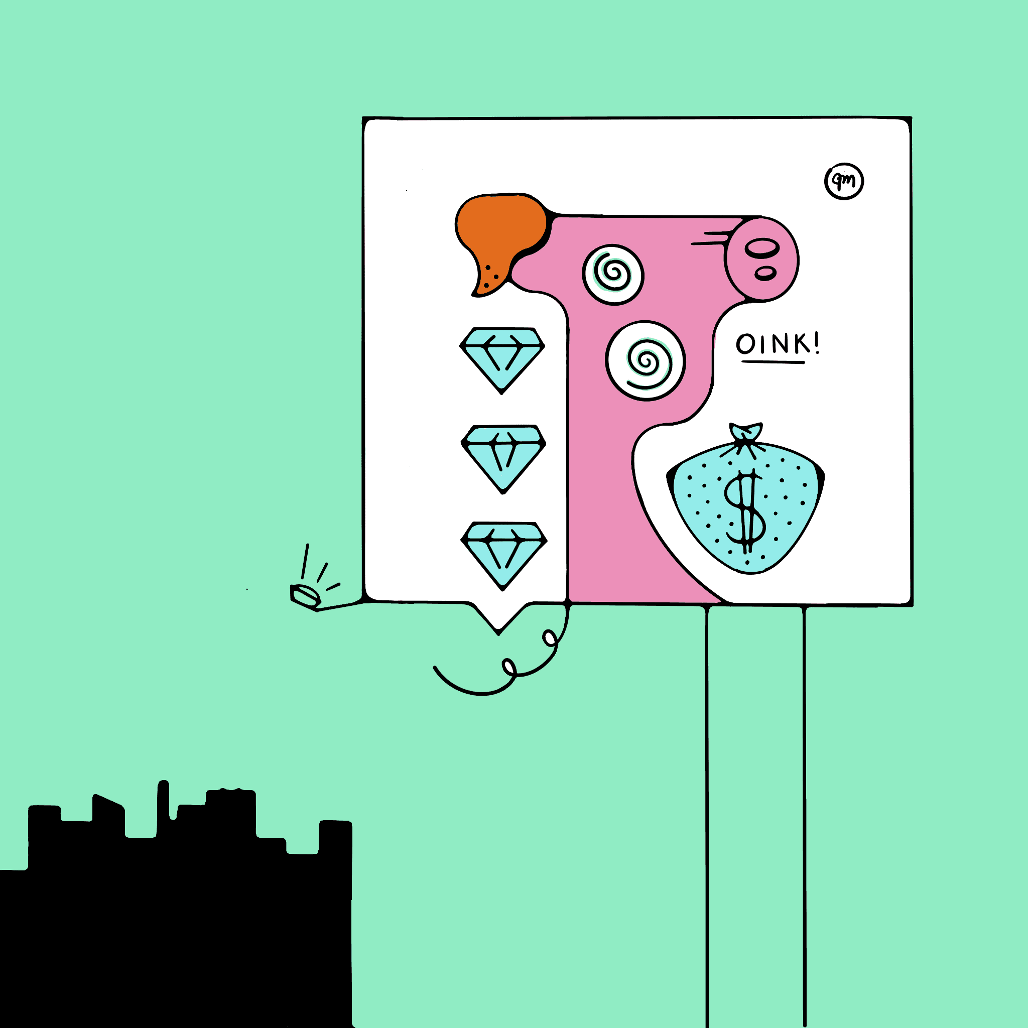 Doodle of a cityscape being overlooked by a capitalist pig, literally.