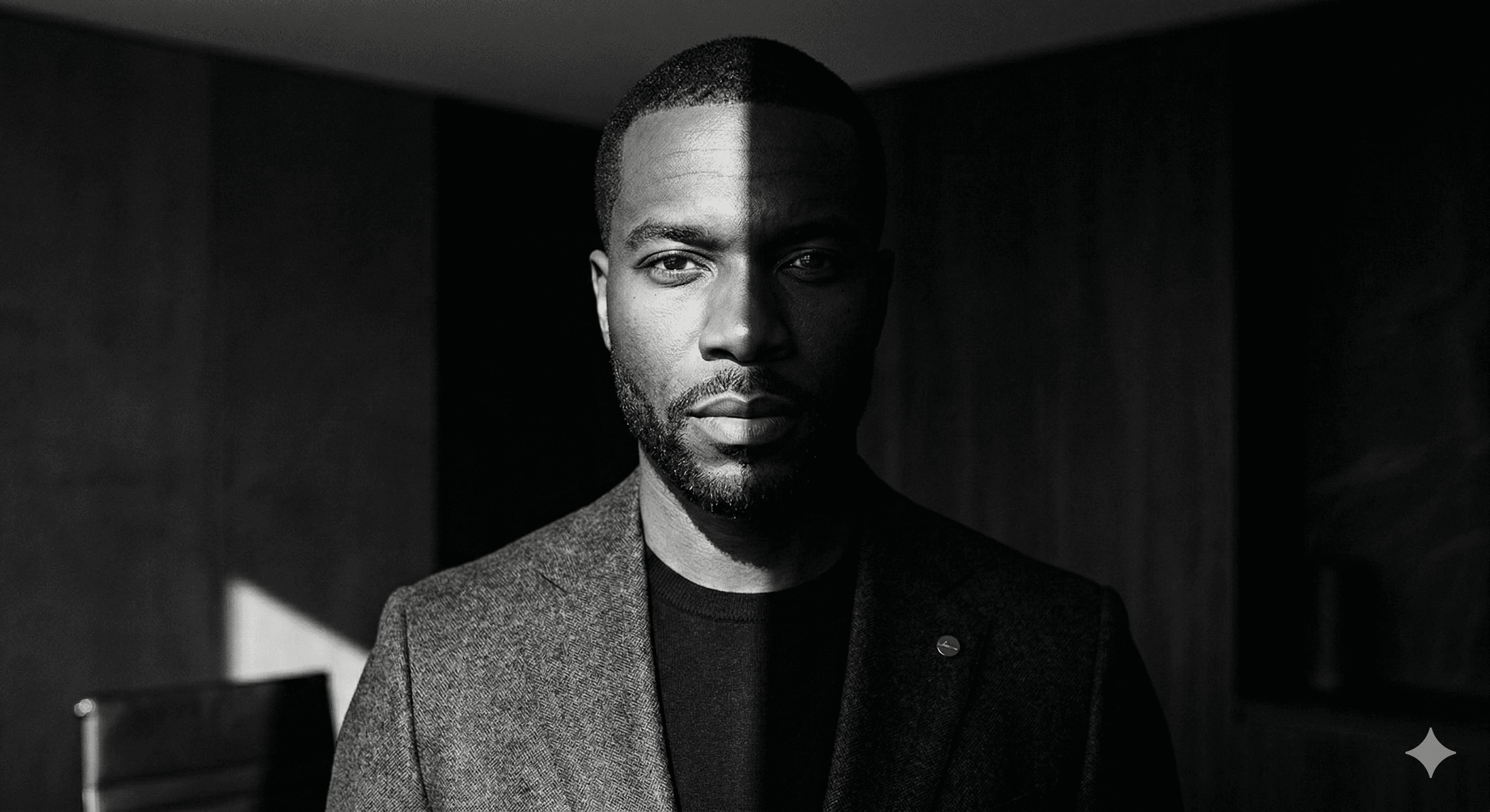 Smiling young man with short hair poses against a dark background, wearing a green button-up shirt.