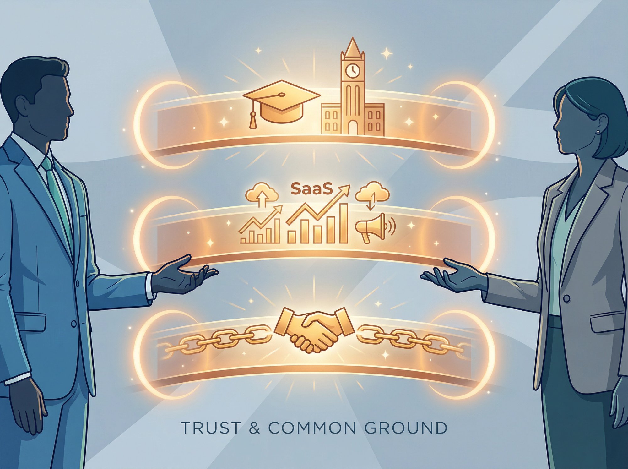 Professional network illustration showing trust bridges between people connected by shared background symbols like university, industry, and mutual connections creating warm rapport