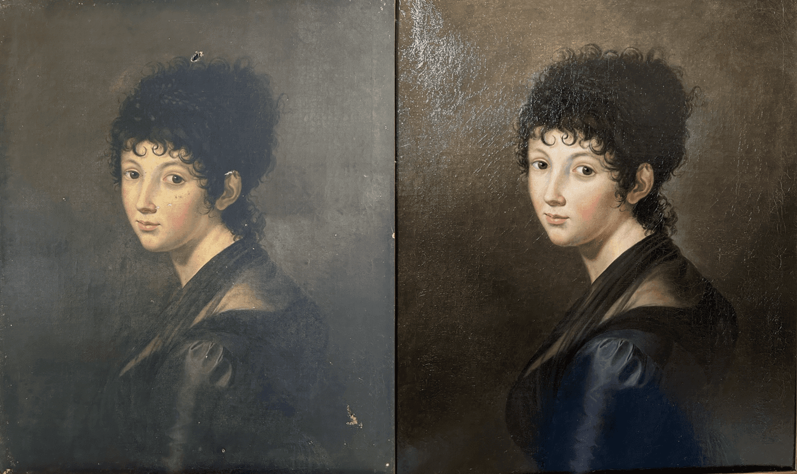 two people looking at a tablet and smiling