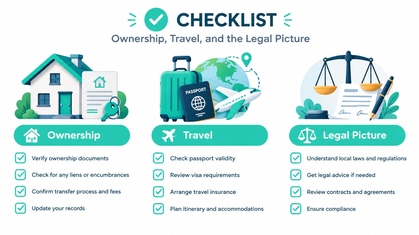 A checklist infographic illustrating steps for property ownership, travel planning, and understanding legal compliance requirements.