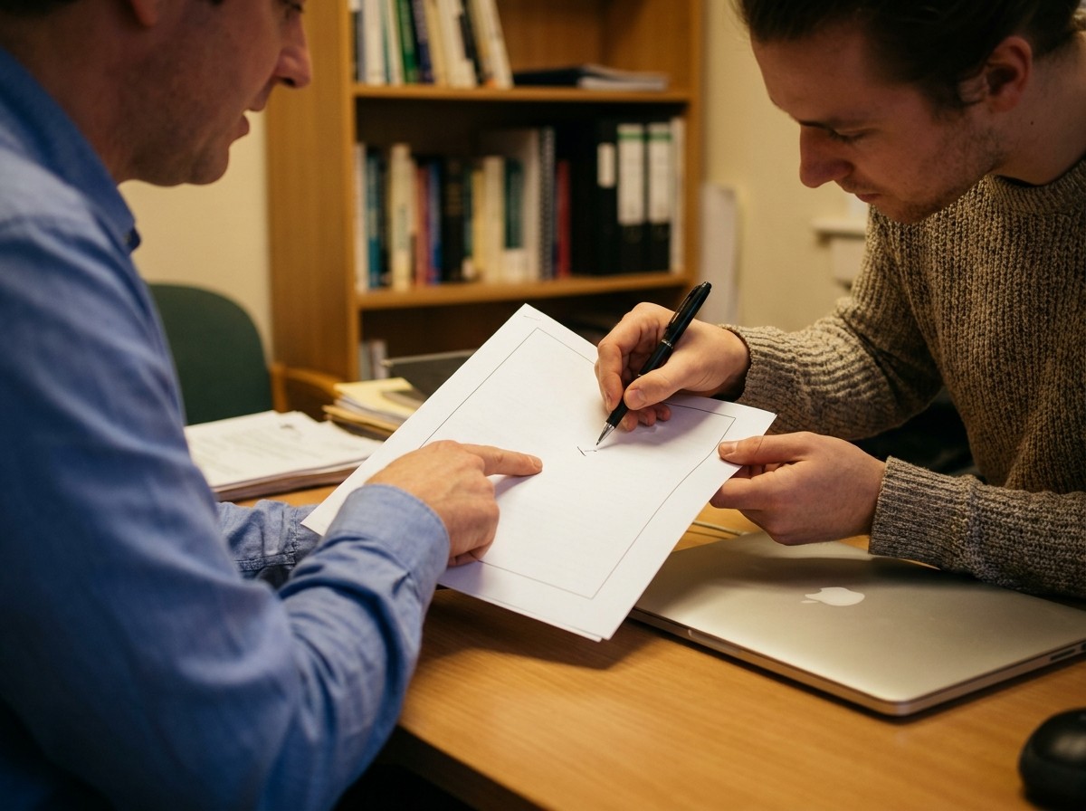 Zwei Personen prüfen gemeinsam ein ausgedrucktes Dokument an einem kleinen Büroschreibtisch