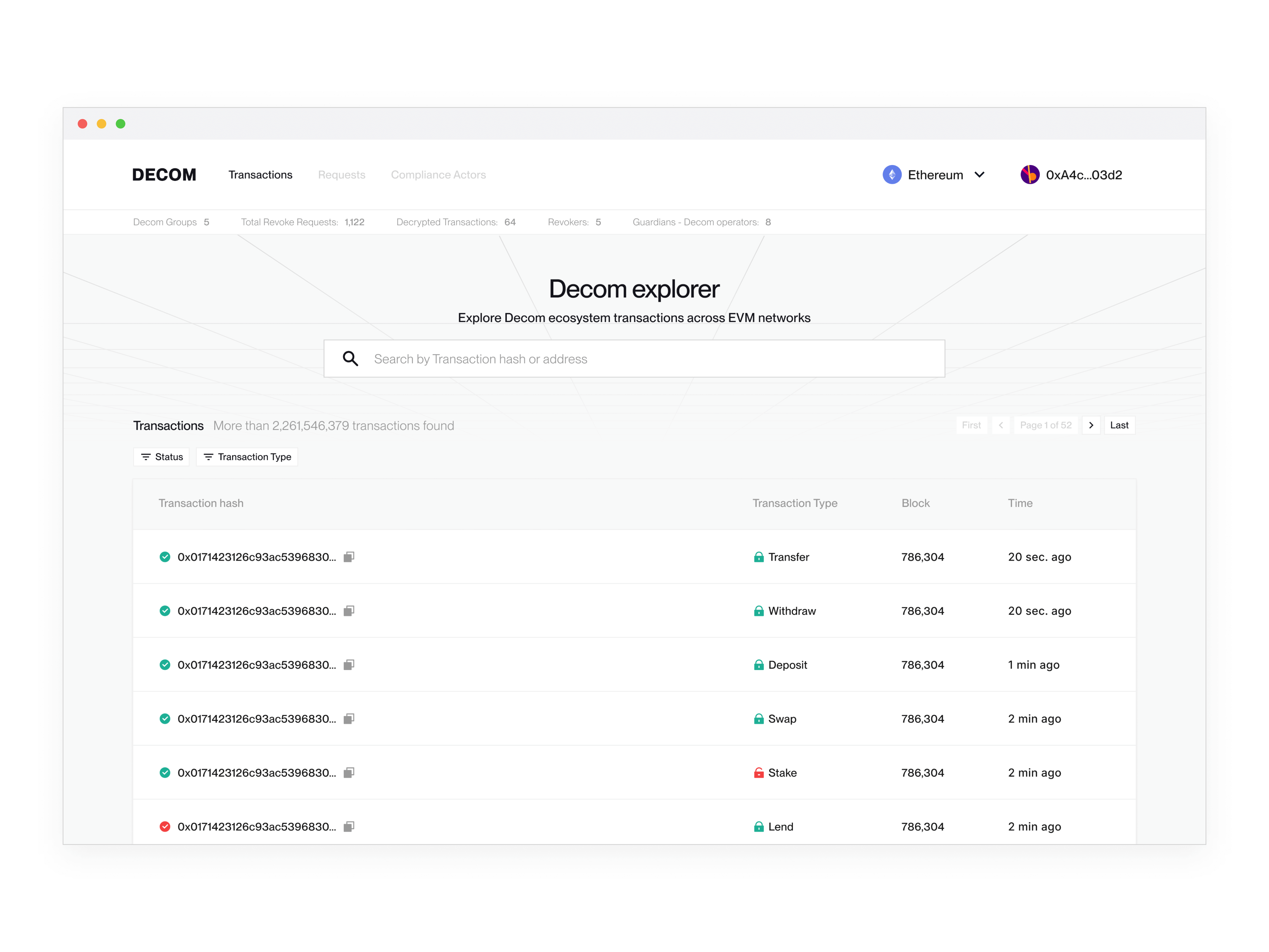 Decom - compliance network transaction explorer to check history of private transaction in labyrinth ecosystem