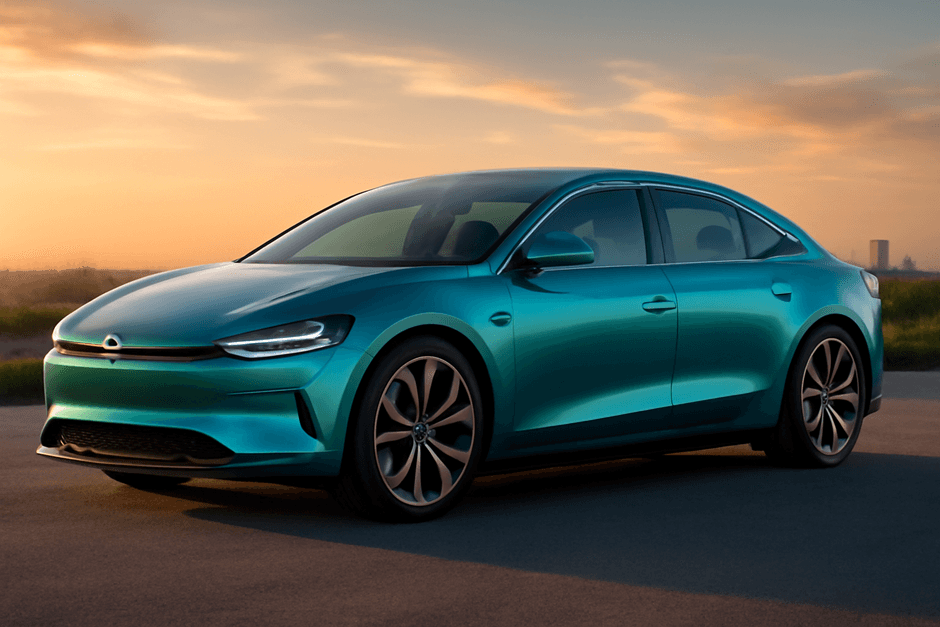 Futuristisches autonomes Auto bei Sonnenuntergang