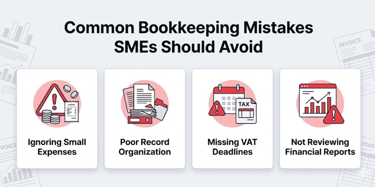 Bookkeeping Best Practices for SMEs in Dubai infographic explaining common mistakes avoided by bookkeeping services in Dubai