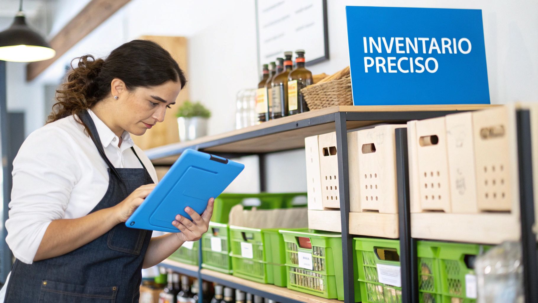 Mujer en delantal revisa estantes y productos con una tablet, realizando un inventario preciso.