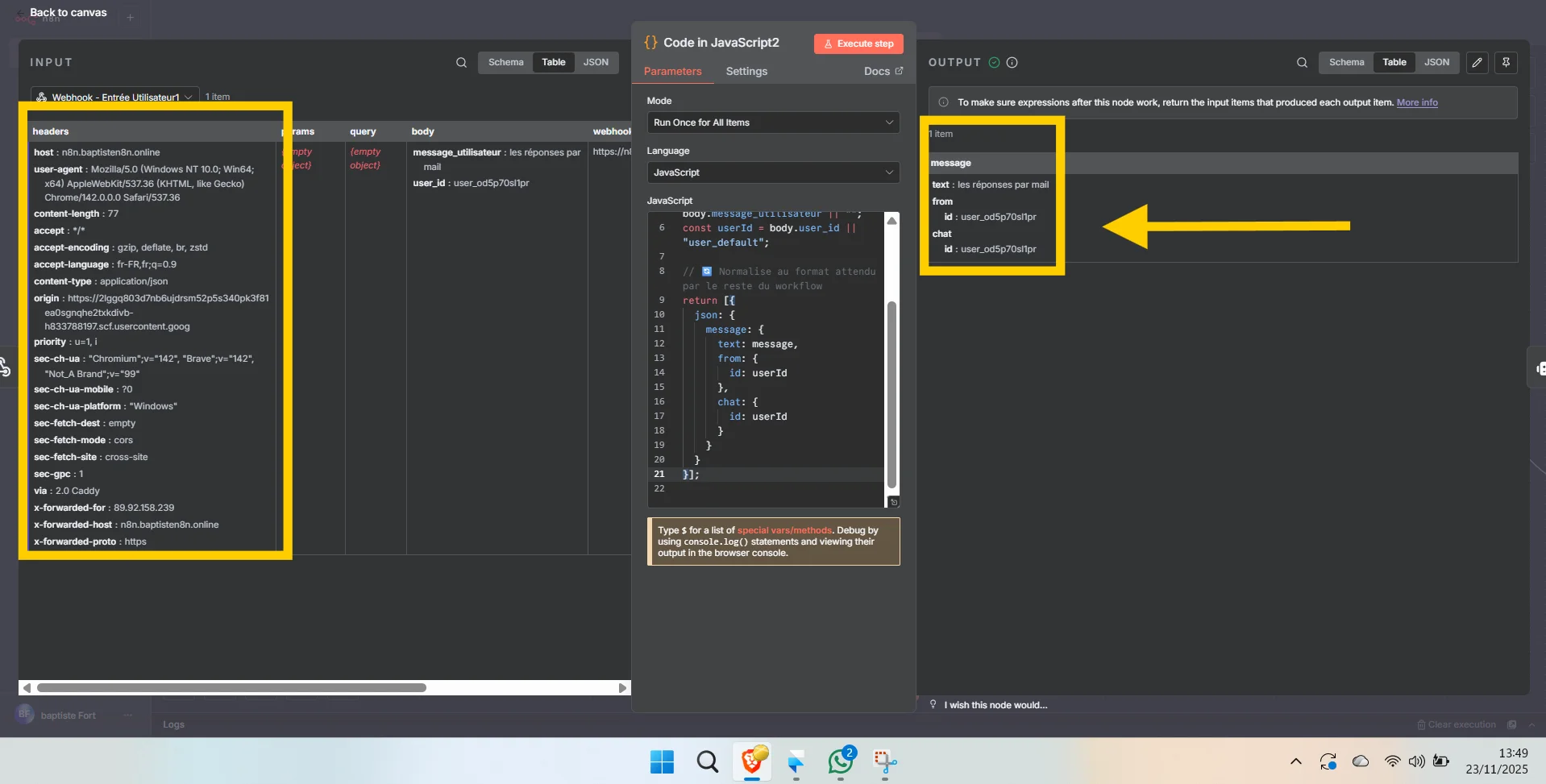 Image pour montrer le Node 2 — Code : formatage du message utilisateur 