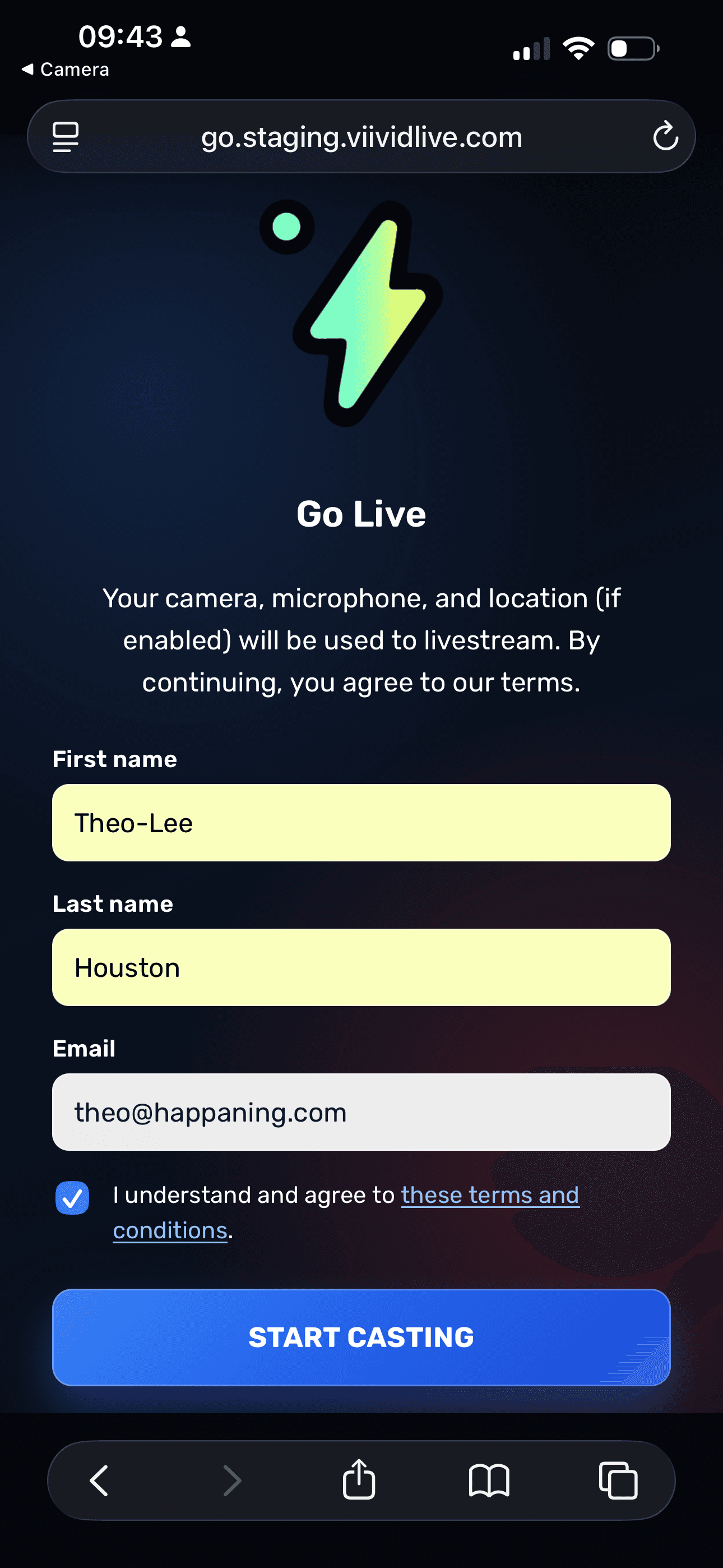 Go Live registration form with name, email and consent checkbox